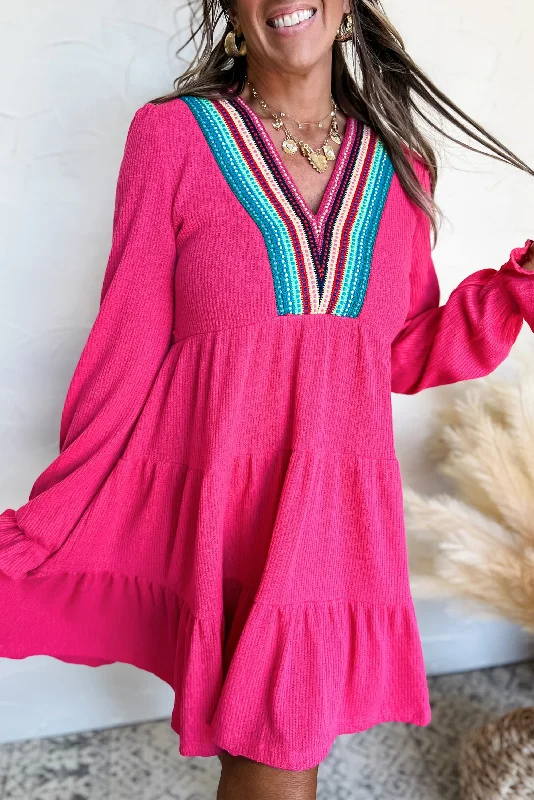 Rose Red Colorful Crochet V Neck Textured Tiered Ruffled Long Sleeve Mini Dress Trendy Mini Dress with Belt Rose Red Colorful Crochet V Neck Textured Tiered Ruffled Long Sleeve Mini Dress Trendy Mini Dress with Belt