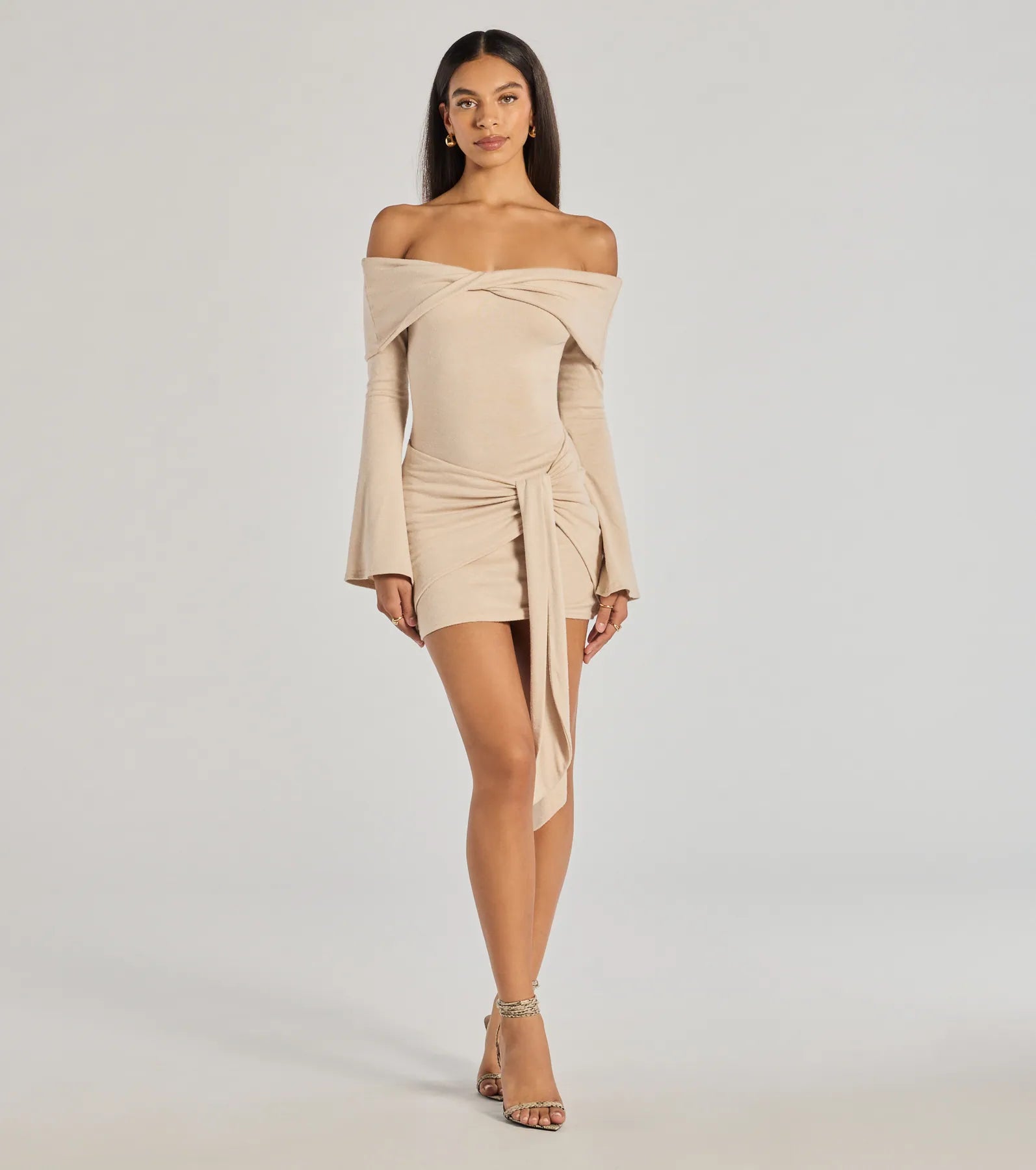 Flirty Twist Off-The-Shoulder Soft Knit Mini Dress Chic Halter Mini Dress