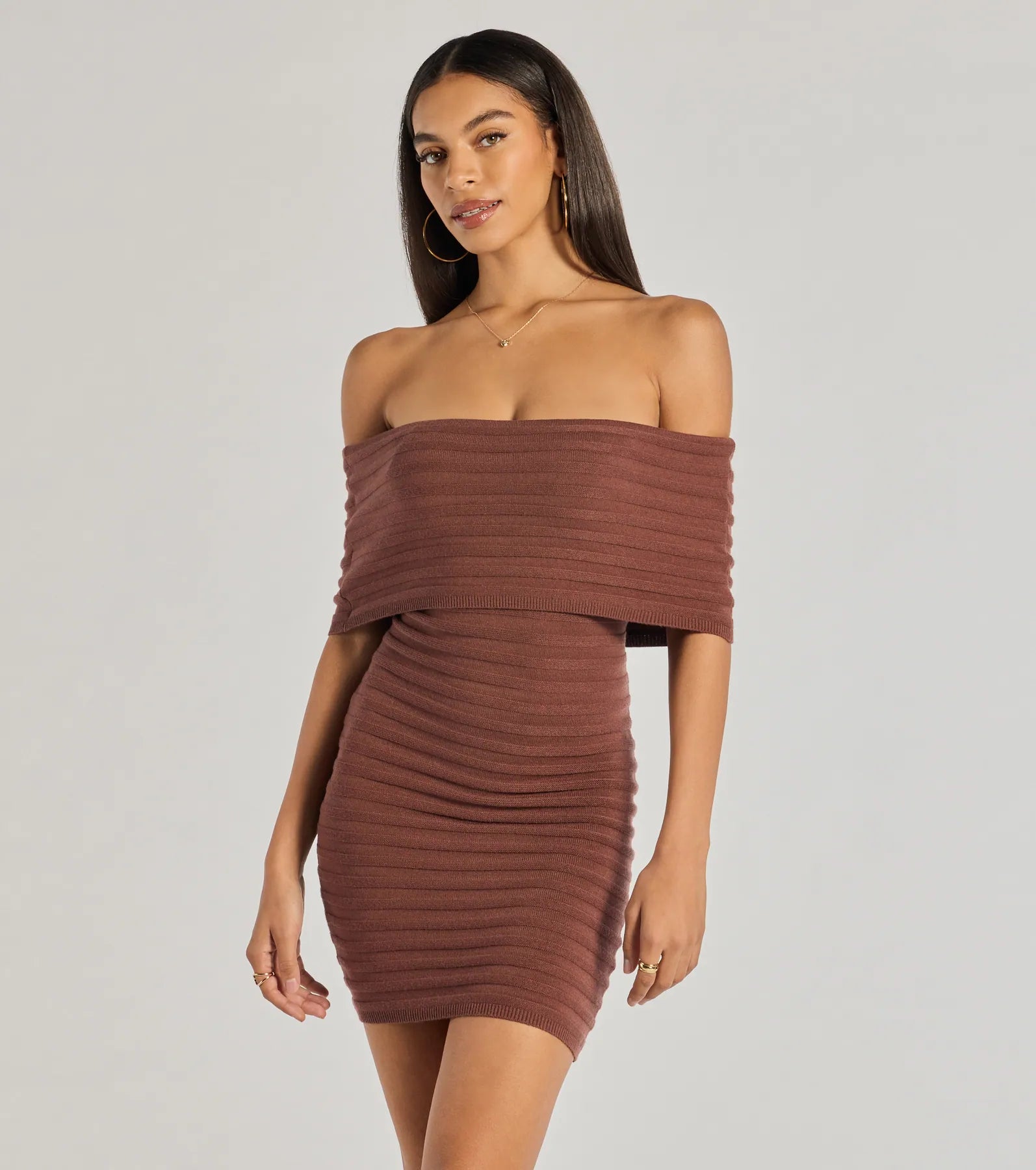 Soft And Chic Ribbed Knit Off-The-Shoulder Mini Dress Casual Button-Up Mini Dress