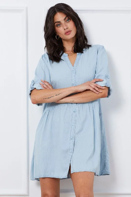 Blue Mini Dress Short Sleeve Denim Comfortable Zip-Up Mini Dress