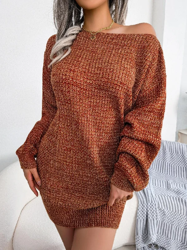 Blue Zone Planet |  Heathered Boat Neck Lantern Sleeve Sweater Mini Dress Classic Shift Mini Dress