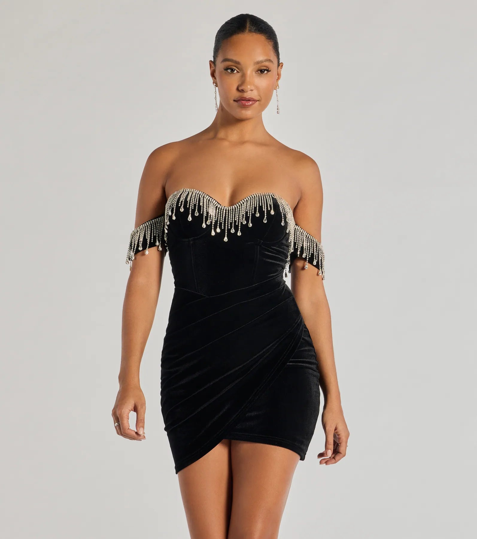 Janie Strapless Rhinestone Fringe Velvet Mini Dress Cozy Ribbed Mini Dress