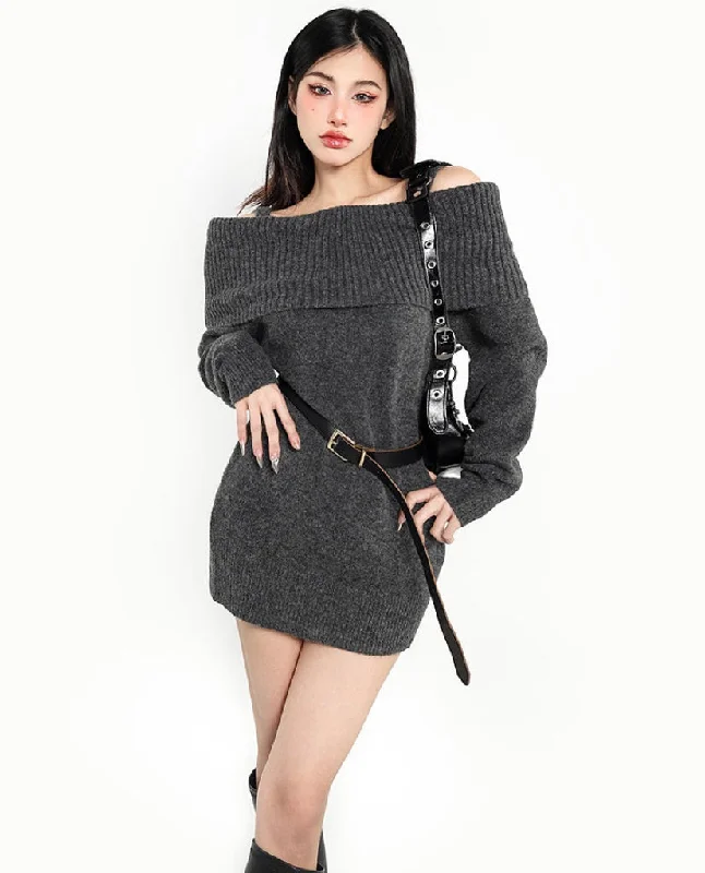 Layla Grey Off The Shoulder Long Sleeve Sweater Mini Dress Comfortable Off-Shoulder Mini Dress