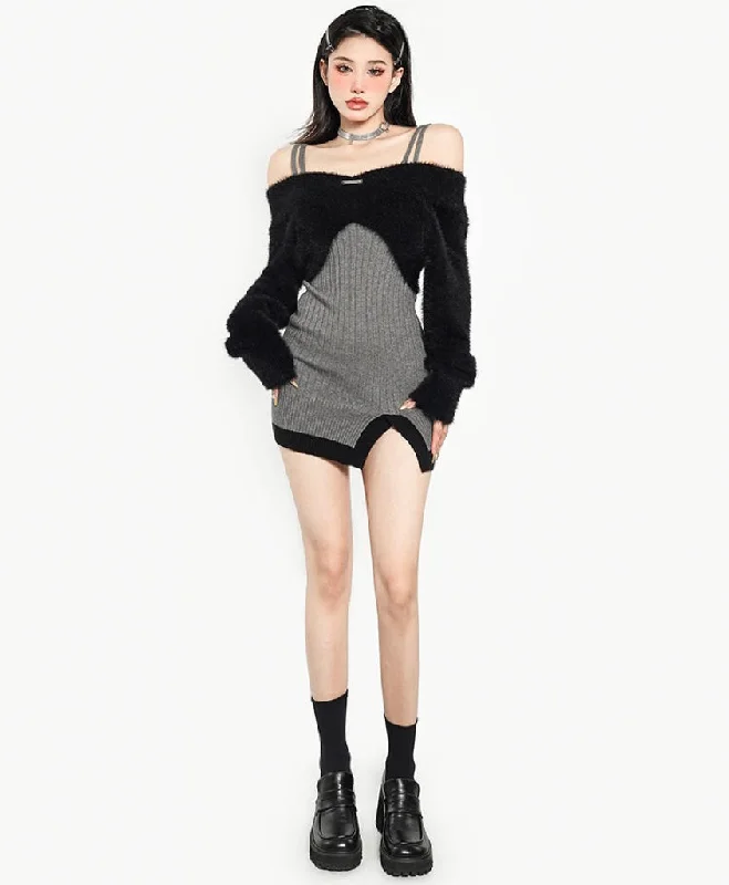 Marinette Grey Side Slit Spaghetti Straps Mini Dress Fluff Off The Shoulder Sweater Matching Set Fashionable Lace Mini Dress