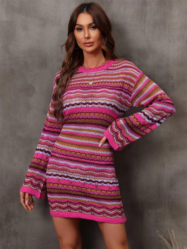 Multicolored Stripe Dropped Shoulder Sweater Mini Dress Trendy Cut-Out Mini Dress