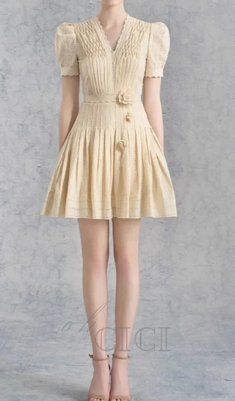 flower pleated mini dress in apricot Chic Puff Sleeve Mini Dress