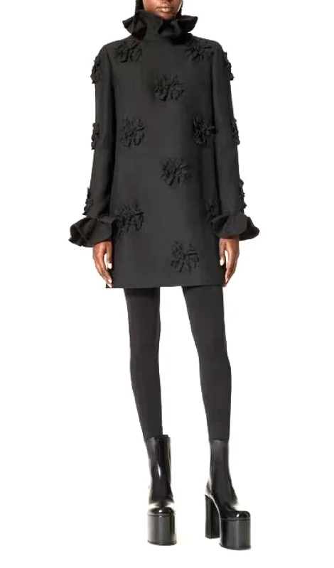 GIANNA STEREO FLOWER RUFFLE MINI DRESS IN BLACK Comfortable Wrap Mini Dress