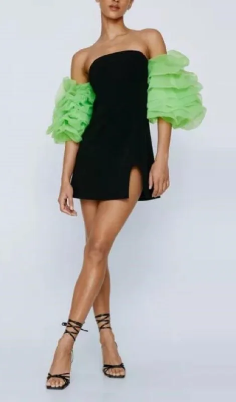 ORGANZA PUFF SLEEVE MINI DRESS IN BLACK Classic Floral Mini Dress