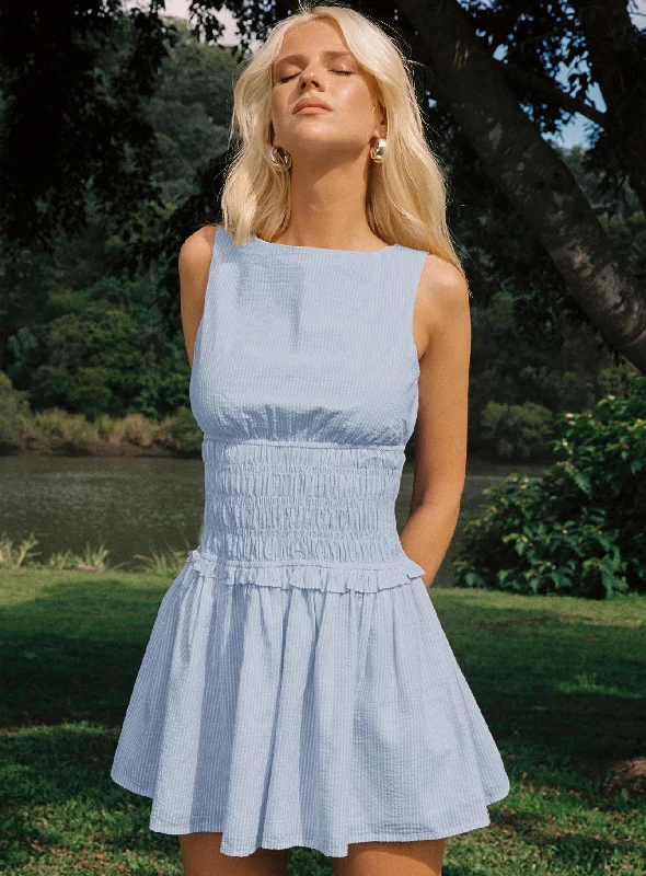 Yennifer Shirred Mini Dress Blue / White Petite Comfortable Polka Dot Mini Dress
