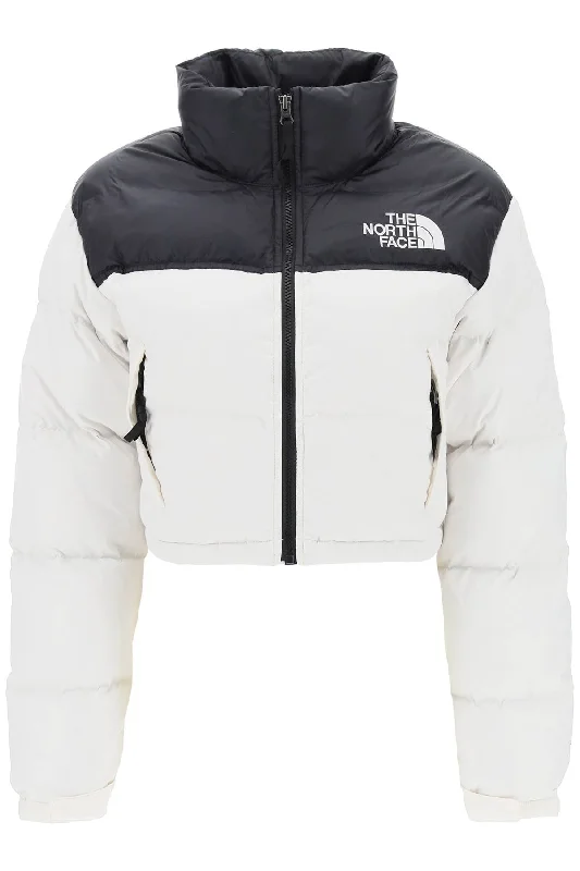 'nuptse' Cropped Down Jacket  - White A-Line Jacket Boat Neck Shawl Collar