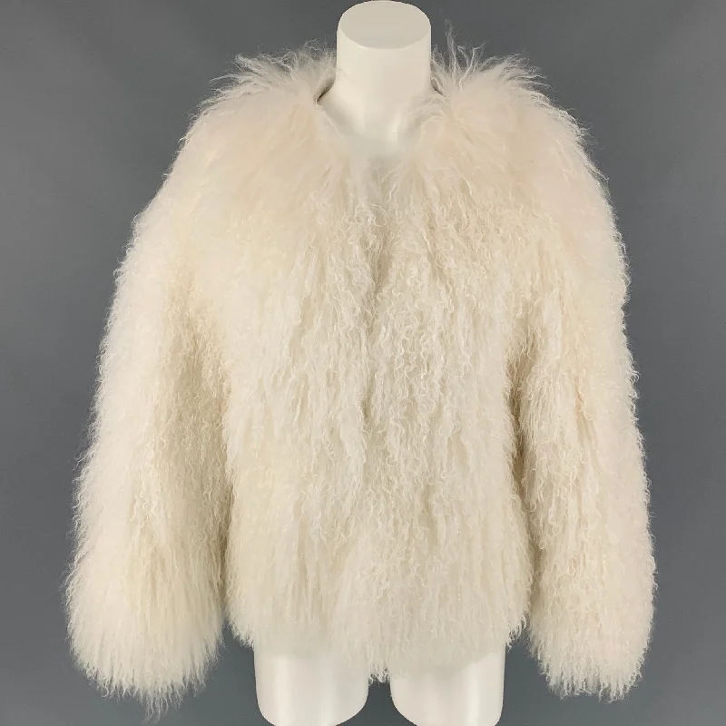 ADRIENNE LANDAU Size S White Mongolian Lamb Fur Jacket Print Jacket Jacquard Jacket Patchwork Jacket ADRIENNE LANDAU Size S White Mongolian Lamb Fur Jacket Print Jacket Jacquard Jacket Patchwork Jacket