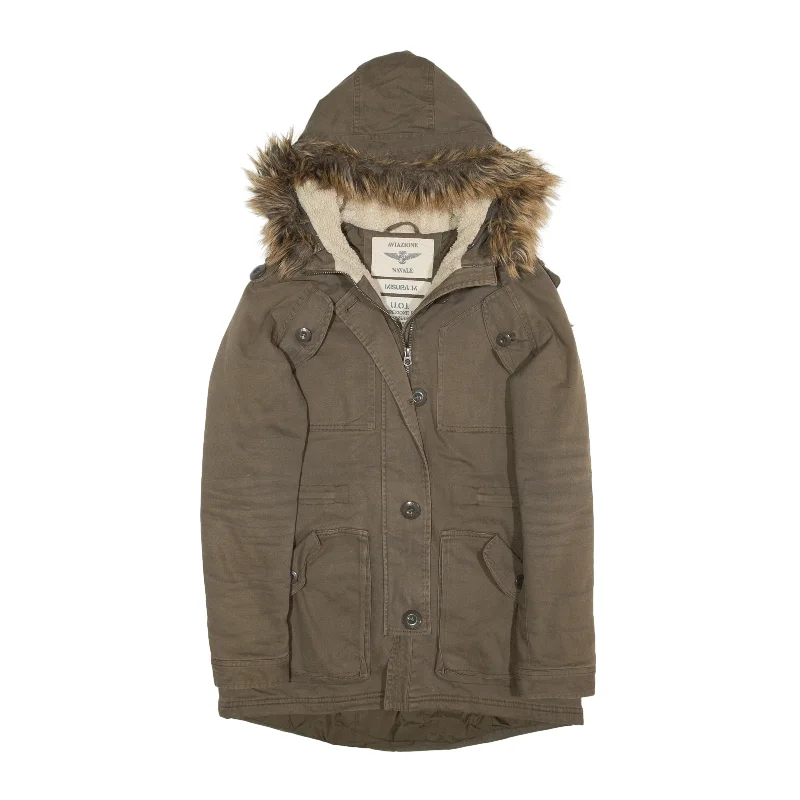 AVIAZONE Parka Canvas Jacket Green Womens M Notch Collar Peter Pan Collar Cowl Neck