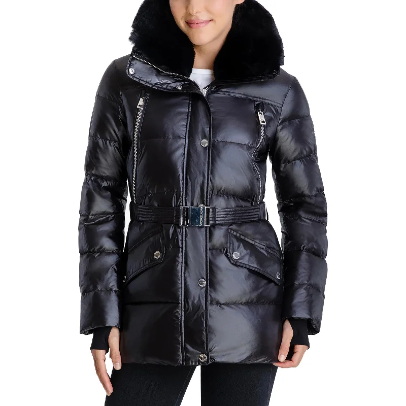Michael Michael Kors Women's Black Belted Faux Fur Collar Down Coat Jacket Fleece Jacket Down Jacket Parka