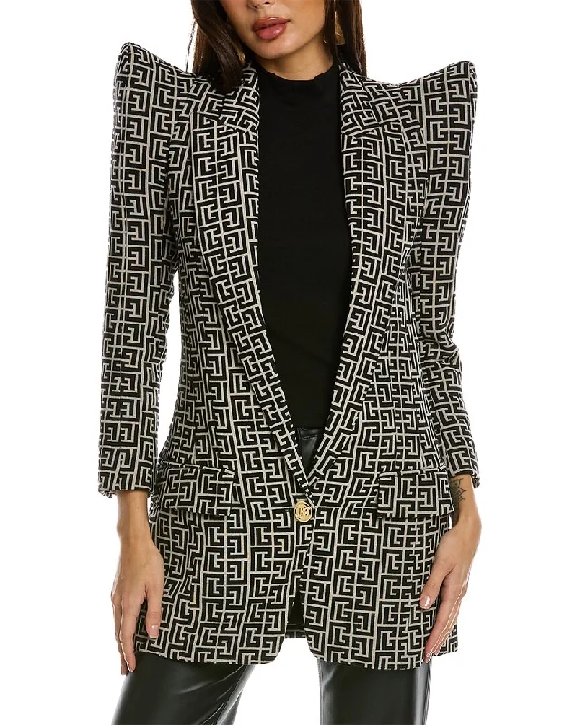 Balmain 1-Button Shoulder Pad Monogram Wool Jacket Tiered Jacket Buttoned Jacket Zippered Jacket