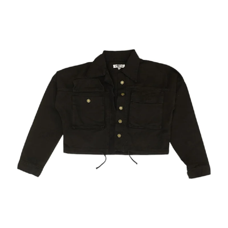 Black Solid Denim Jacket Hoodie Zip-Up Jacket Button-Up Jacket
