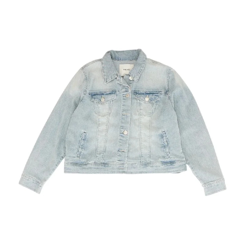 Blue Solid Denim Jacket Notch Collar Peter Pan Collar Cowl Neck