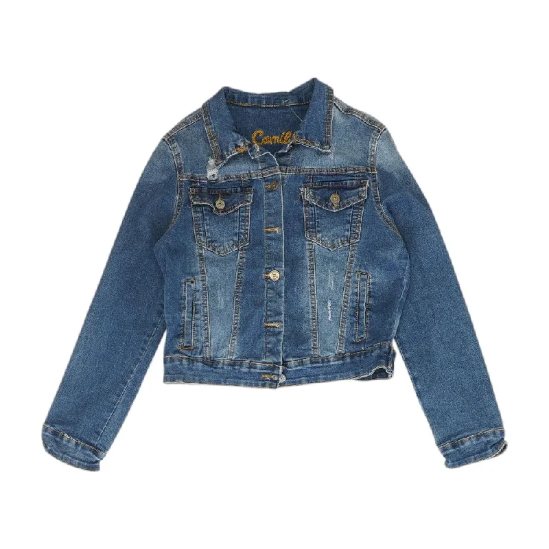 Blue Solid Denim Jacket Tiered Jacket Buttoned Jacket Zippered Jacket