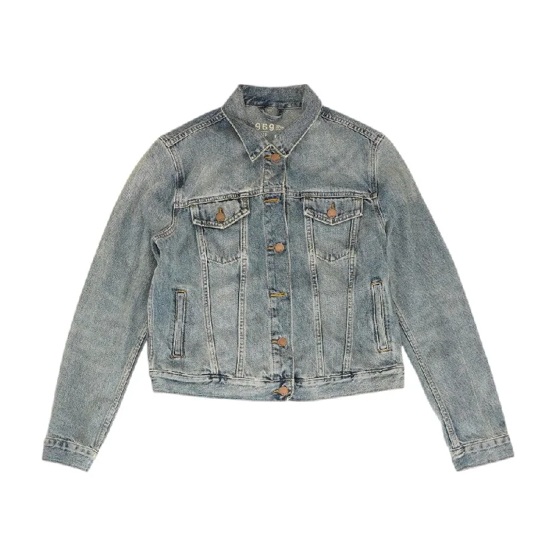 Blue Solid Denim Jacket Boat Neck Shawl Collar Notched Collar