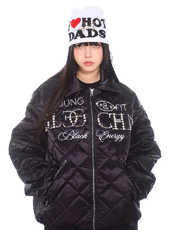 Crystal Logo Quilted Jacket Front Pockets Side Pockets Patch Pockets