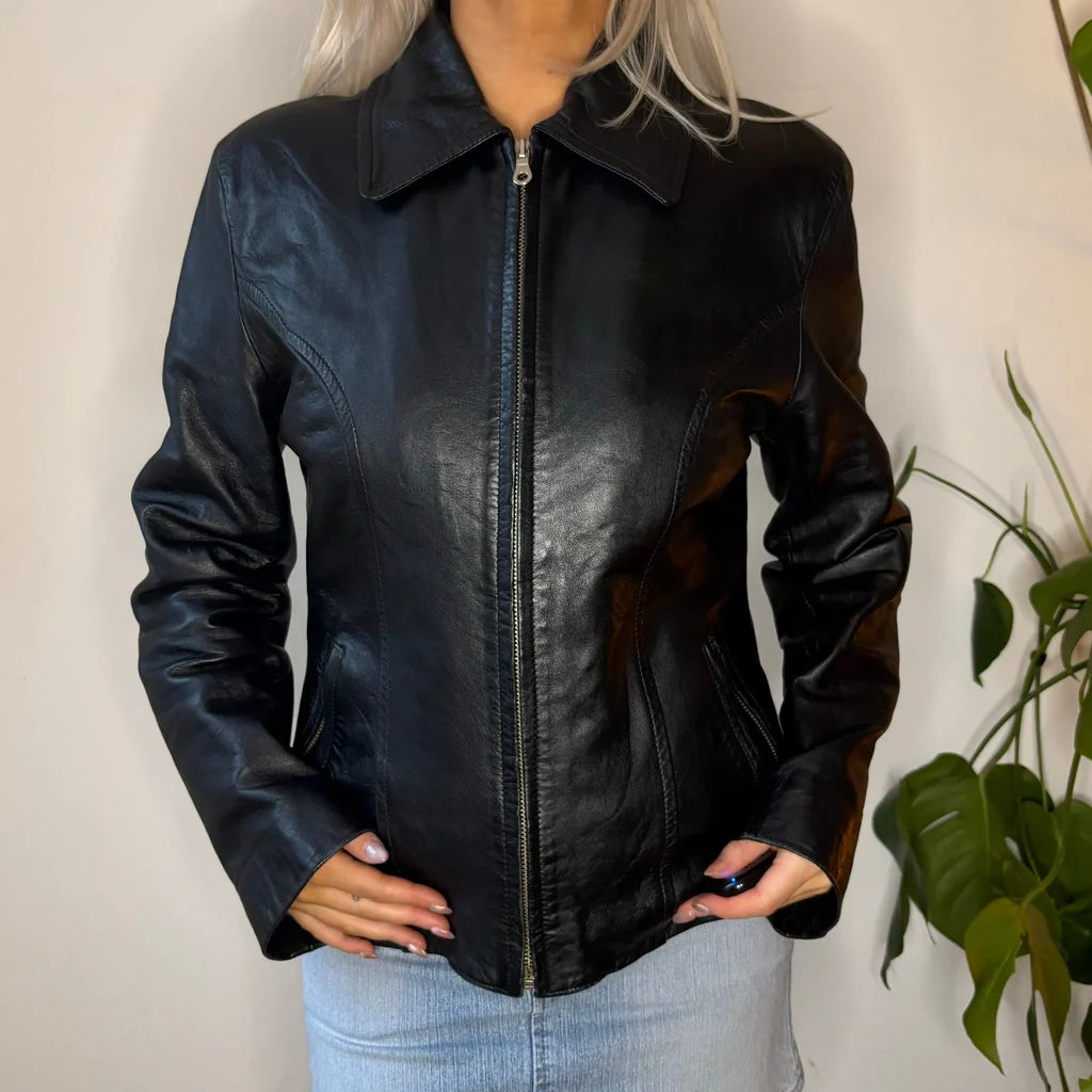 Del Gaudio Leather Jacket - Small Black Leather Fleece Fabric Down Fabric Feather Fabric