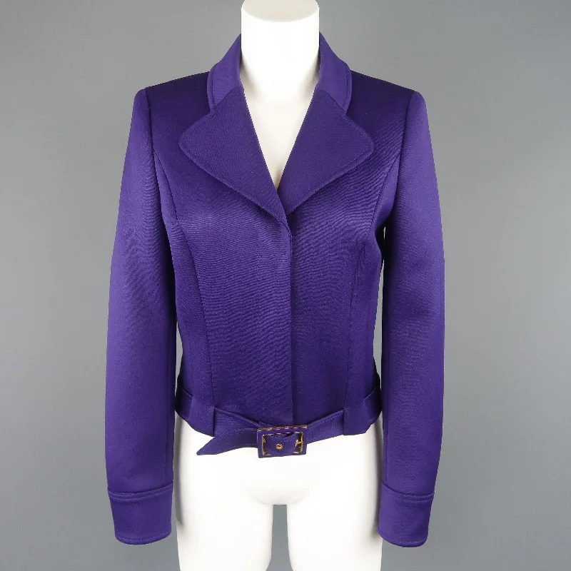 ESCADA Size 4 Purple Cropped Pointed Lapel Belted Jacket Print Jacket Jacquard Jacket Embroidered Jacket