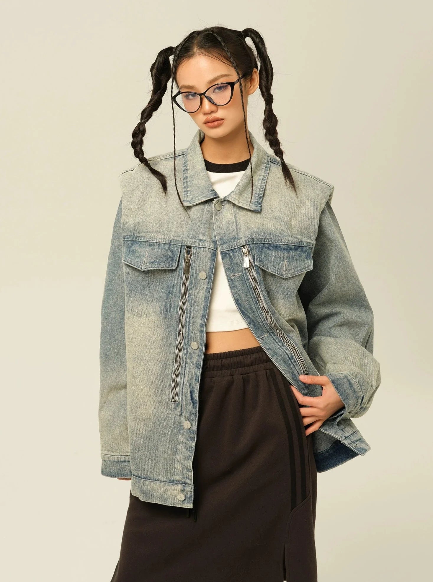 Frost Zip Denim Jacket Zippered Front Buttoned Front Snap Front