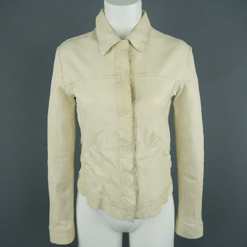 GIORGIO BRATO Size 4 Distressed Cream Leather Collared Jacket Toggled Jacket Drawstring Jacket Belted Jacket