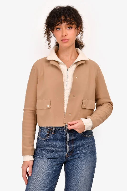 Herno Beige Neoprene Button-Up Cropped Jacket Size 38 Knit Fabric Woven Fabric Fleece Fabric Herno Beige Neoprene Button-Up Cropped Jacket Size 38 Knit Fabric Woven Fabric Fleece Fabric