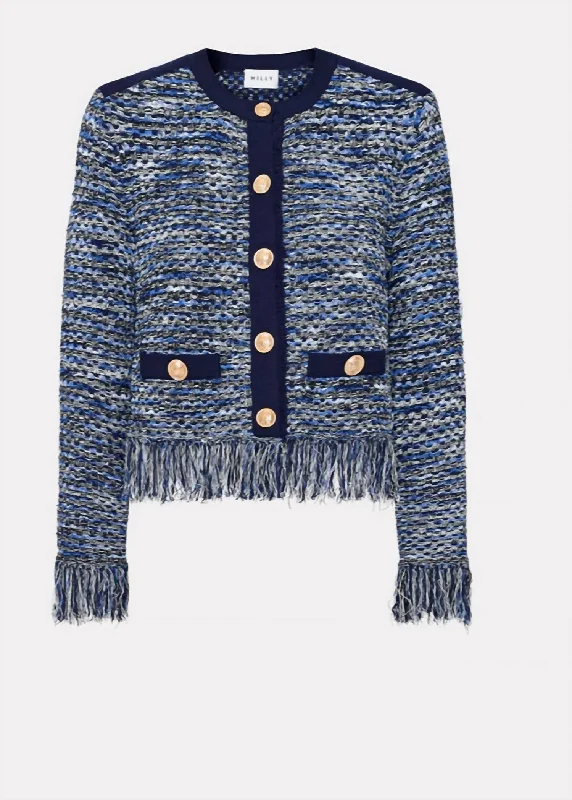 Kaia Textured Knit Cardigan Jacket In Navy Welt Pockets Slit Pockets Flap Pockets