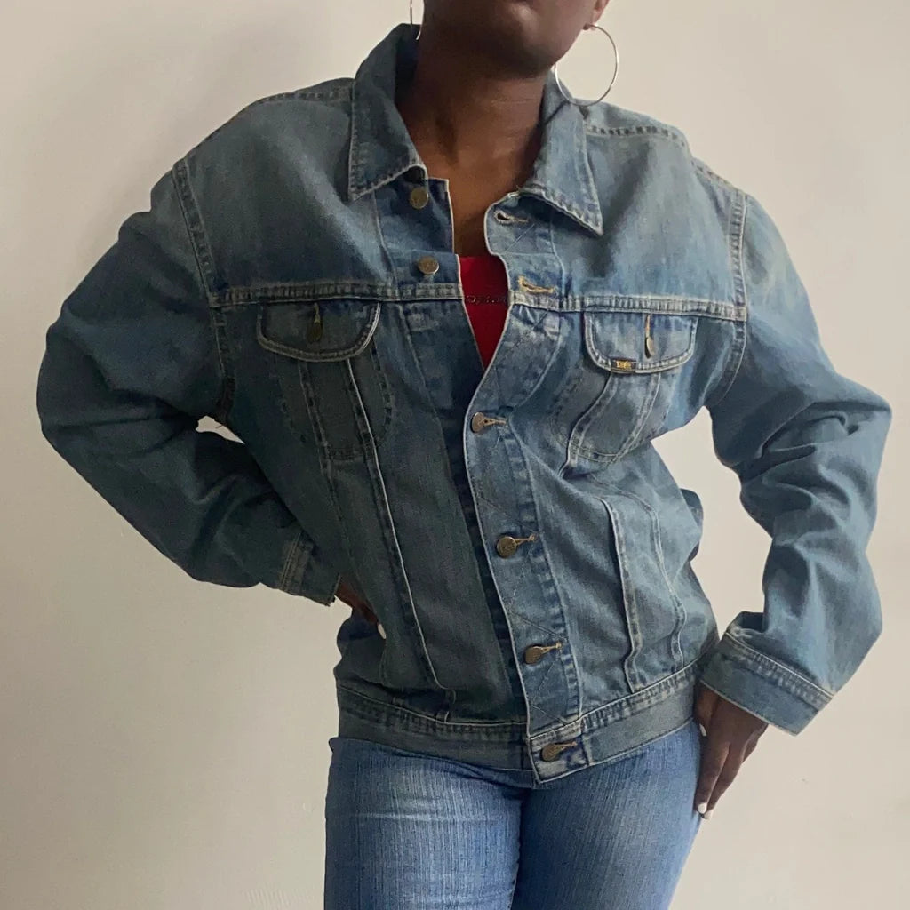 Lee Denim Jacket - XL Blue Cotton One-Shoulder Jacket Off-the-Shoulder Jacket Asymmetrical Jacket