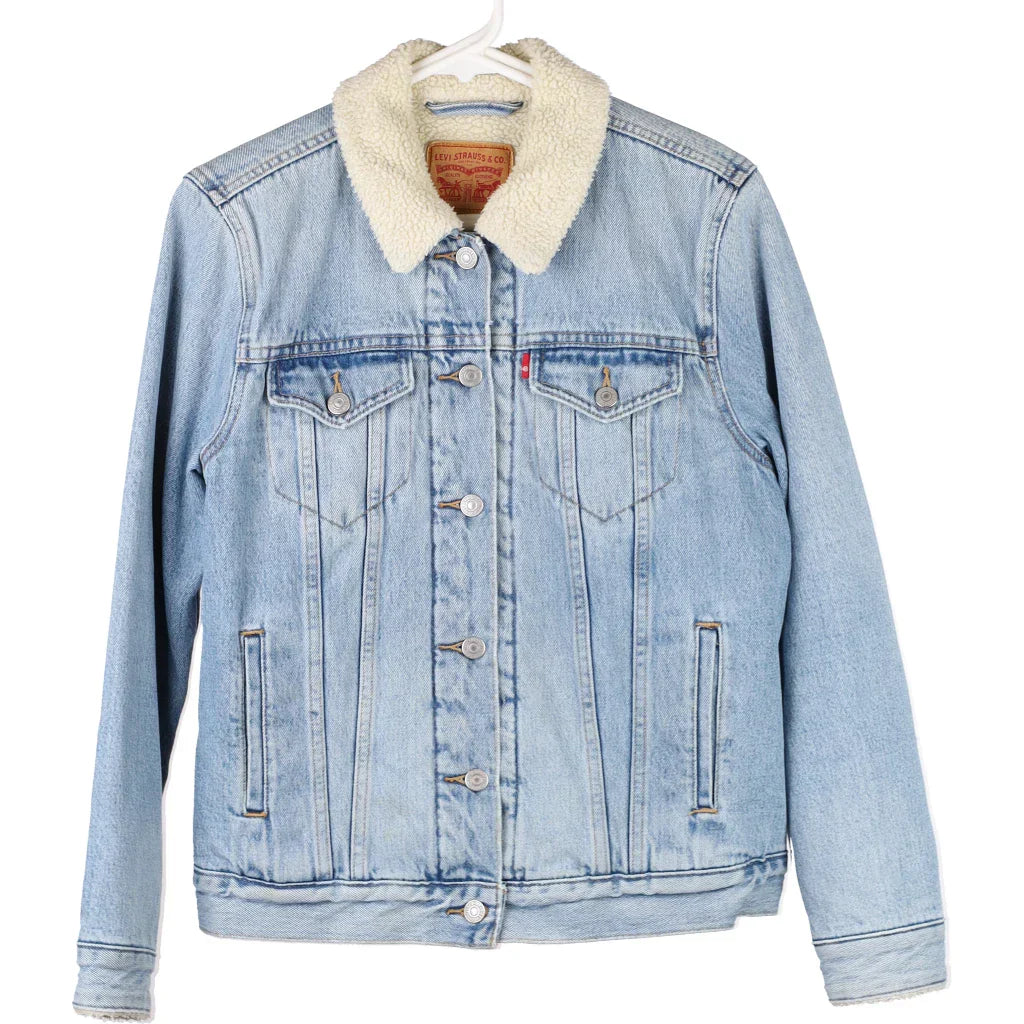 Levis Denim Jacket - Large Blue Cotton Blend A-Line Jacket Boat Neck Shawl Collar