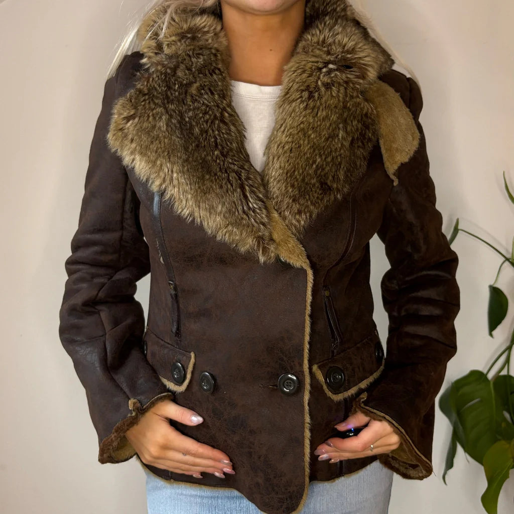 Lorsay Suede Jacket - Small Brown Polyester Notch Collar Jacket Peter Pan Collar Jacket Cowl Neck Jacket