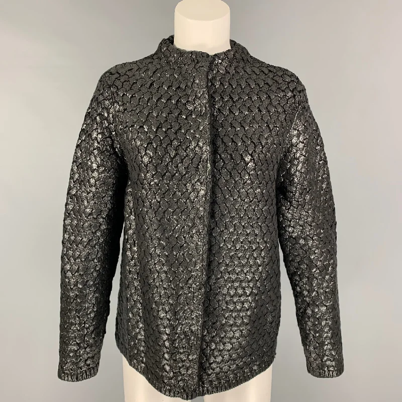 MARC JACOBS Size L Black Knitted Wool Woven Snaps Collarless Jacket Fitted Jacket Loose Jacket Oversized Jacket MARC JACOBS Size L Black Knitted Wool Woven Snaps Collarless Jacket Fitted Jacket Loose Jacket Oversized Jacket