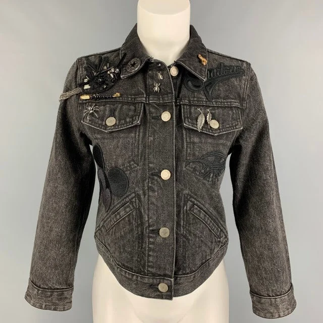 MARC JACOBS Size M Black Washed Denim Pins Cropped Jacket Fleece Jacket Down Jacket Feather Jacket