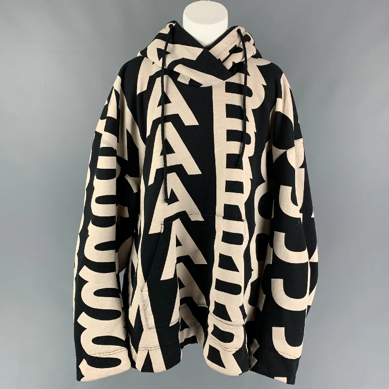MARC JACOBS Size XS Black Cream Cotton Logo Hooded Jacket Oversized Jacket Tailored Jacket Straight Jacket