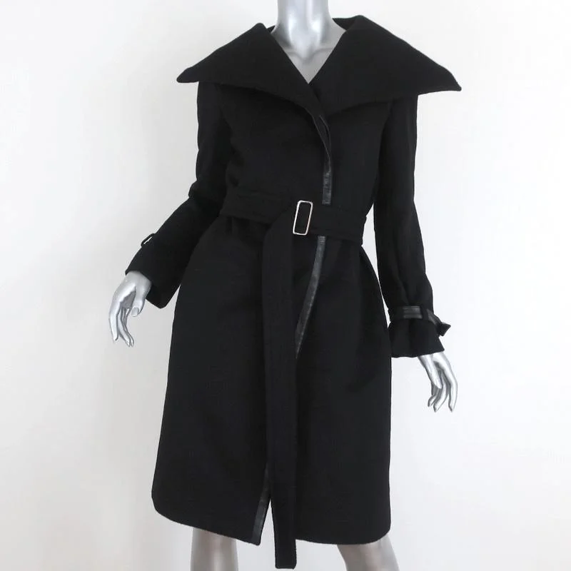 Max Mara Coat Black Leather-Trim Camel Hair Size 38 US 4 Belted Jacket A-Line Jacket Boat Neck Shawl Collar