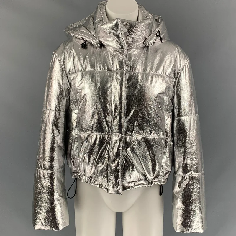MSGM Size 2 Silver Polyester Quilted Detachable Hood Jacket Wool Fabric Cashmere Fabric Tweed Fabric MSGM Size 2 Silver Polyester Quilted Detachable Hood Jacket Wool Fabric Cashmere Fabric Tweed Fabric