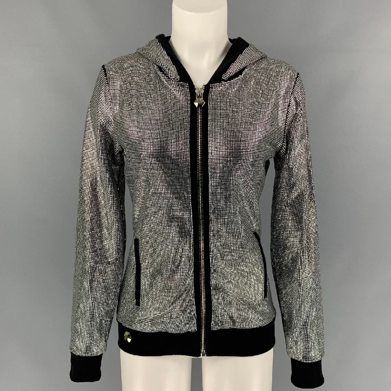 PHILIPP PLEIN COUTURE Size S Silver & Black Cotton Studded Hooded Jacket Chenille Fabric Brocade Fabric Lace Fabric PHILIPP PLEIN COUTURE Size S Silver & Black Cotton Studded Hooded Jacket Chenille Fabric Brocade Fabric Lace Fabric
