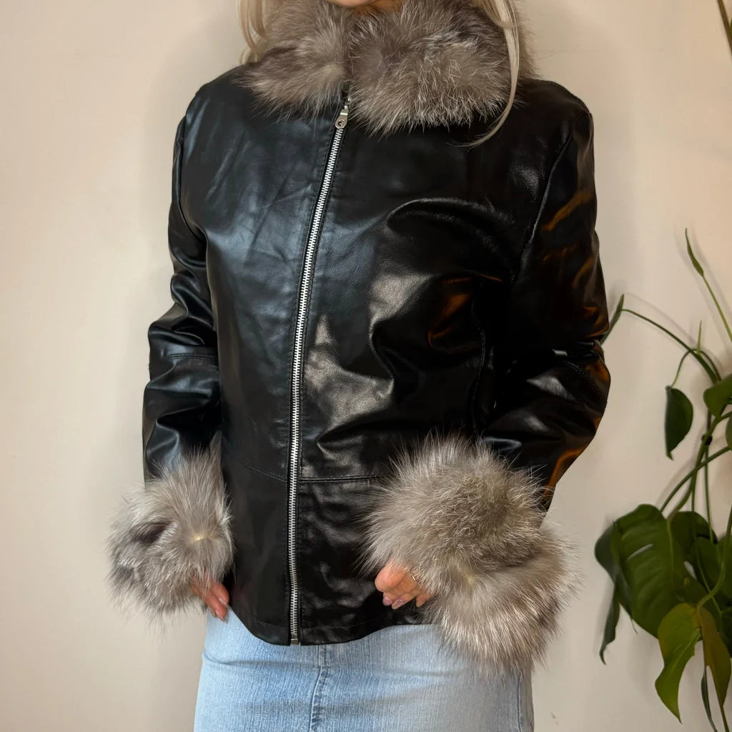 Please Leather Jacket - Large Black Leather Hoodie Zip-Up Jacket Button-Up Jacket
