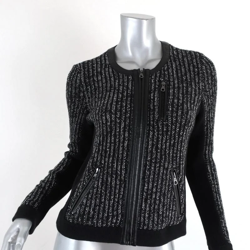 Rag & Bone Jacket Paula Black Leather-Trim Ribbed Knit Size Extra Small Elasticated Jacket Padded Jacket Insulated Jacket