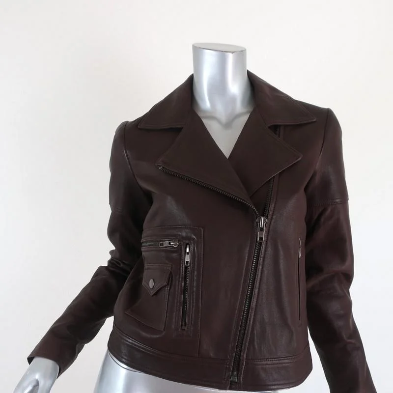 Theory Leather Motorcycle Jacket Pavati Dark Brown Size 2 Biker Jacket Print Jacket Jacquard Jacket Patchwork Jacket