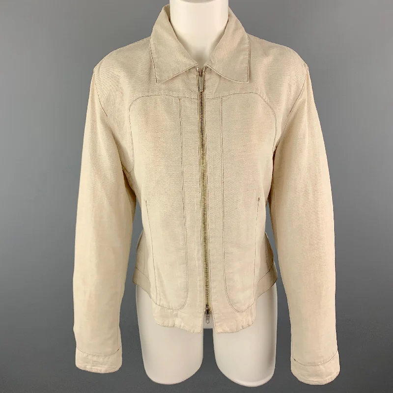 TRUSSARDI Size S Beige Cotton / Flax Zip Up Contrast Stitch Jacket Toggled Jacket Drawstring Jacket Belted Jacket