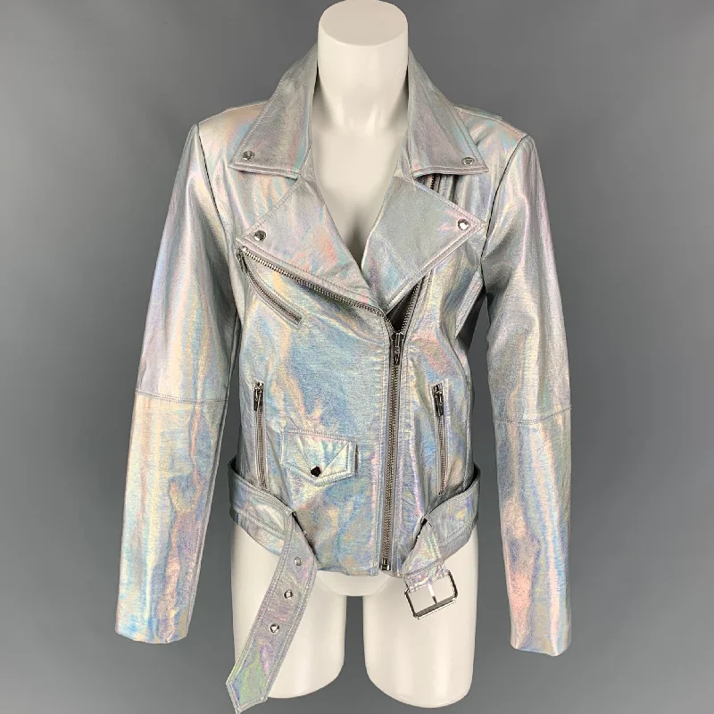 VEDA Size L Silver Iridescent Polyurethane Biker Jacket Knit Jacket Woven Jacket Fleece Jacket VEDA Size L Silver Iridescent Polyurethane Biker Jacket Knit Jacket Woven Jacket Fleece Jacket