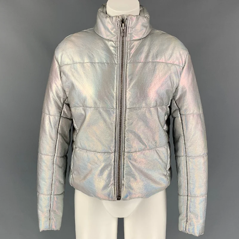 VEDA Size S Silver Iridescent Quilted Polyeurethane Zip Up Jacket Chenille Jacket Brocade Jacket Lace Jacket VEDA Size S Silver Iridescent Quilted Polyeurethane Zip Up Jacket Chenille Jacket Brocade Jacket Lace Jacket