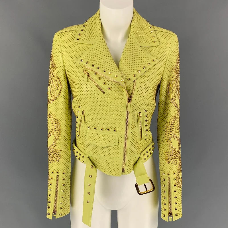 VERSACE Spring 2012 Size 2 Yellow & Gold Studded Leather Biker Jacket Collared Jacket Crew Neck Jacket Turtle Neck Jacket VERSACE Spring 2012 Size 2 Yellow & Gold Studded Leather Biker Jacket Collared Jacket Crew Neck Jacket Turtle Neck Jacket