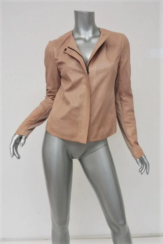 Vince Engineered Perforated Leather Jacket Nude Size Small Zip Front Rayon Fabric Velvet Fabric Corduroy Fabric