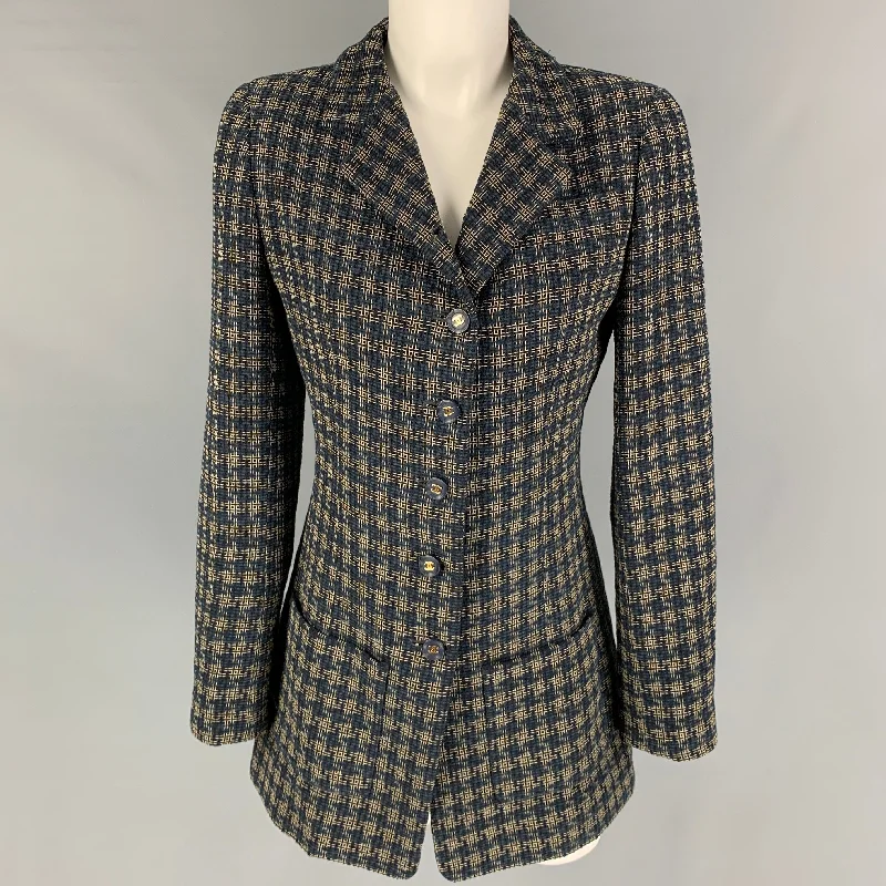 Vintage CHANEL Size 6 Navy Cream Wool Blend Checkered Jacket Lace Jacket Ribbed Jacket Sequined Jacket Vintage CHANEL Size 6 Navy Cream Wool Blend Checkered Jacket Lace Jacket Ribbed Jacket Sequined Jacket