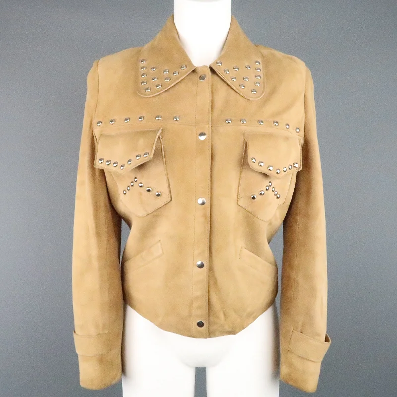 Vintage I.MAGNIN Size 12 Tan Studded Suede Cropped Snap Jacket Satin Fabric Silk Fabric Chiffon Fabric