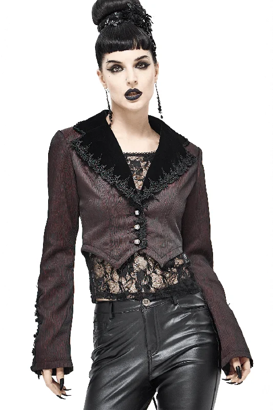 Women's Gothic Flare Sleeved Lace Splice Wine Red Jacket Wool Fabric Cashmere Fabric Tweed Fabric