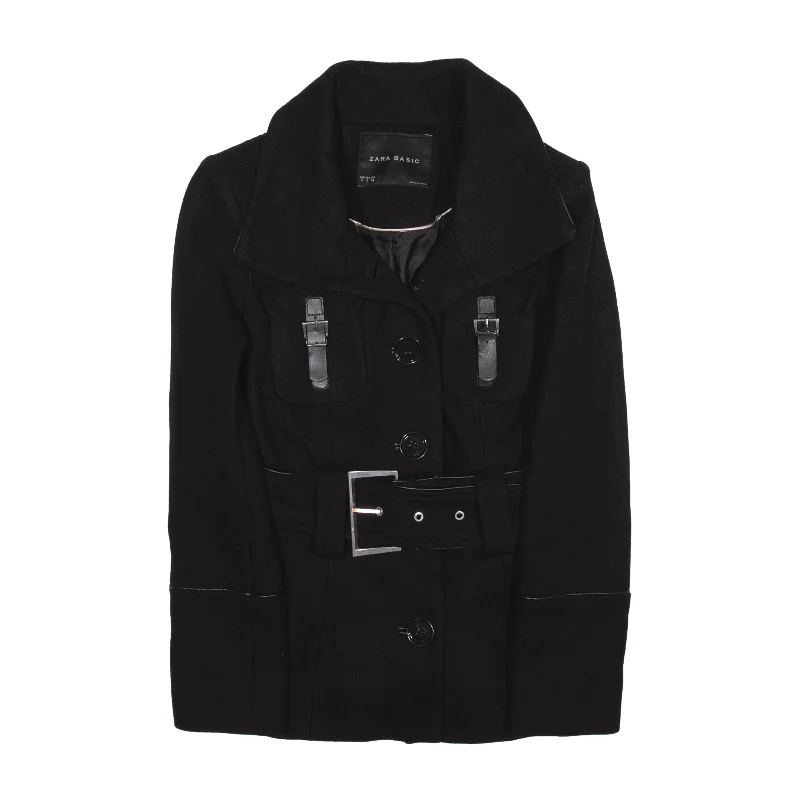 ZARA BASIC Overcoat Jacket Black Womens S Notch Collar Peter Pan Collar Cowl Neck